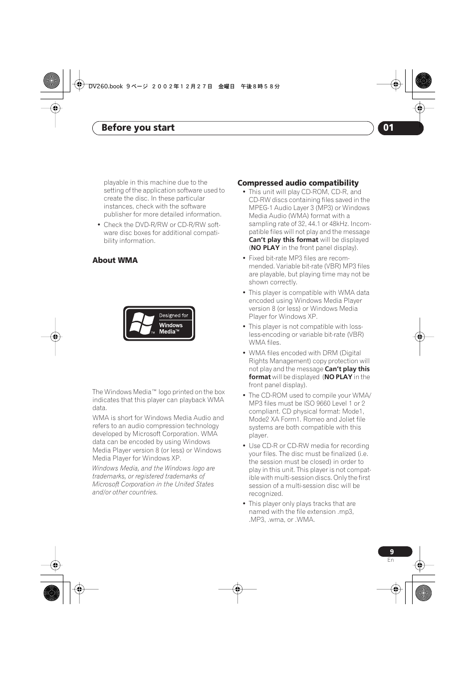 About wma, Compressed audio compatibility, Before you start 01 | Pioneer DV-360-S User Manual | Page 9 / 64