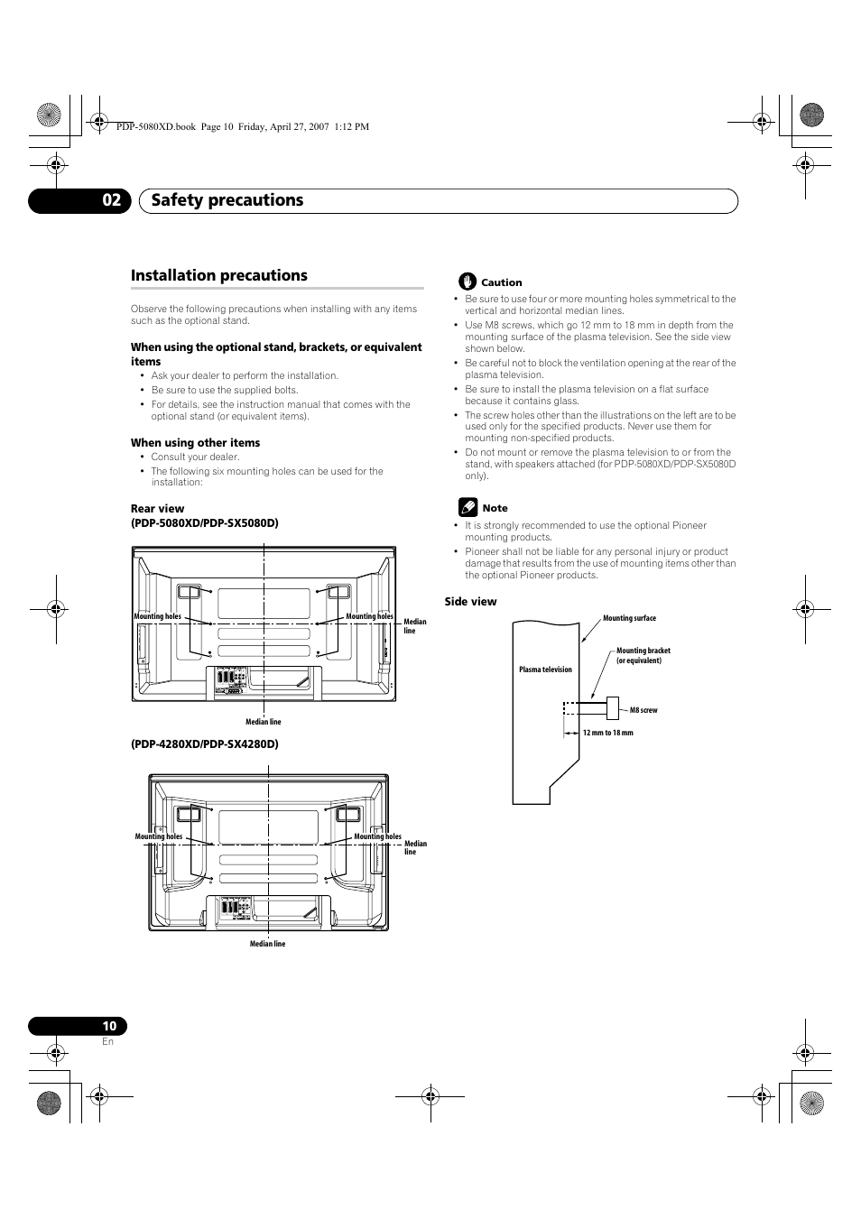 Installation precautions, Safety precautions 02 | Pioneer PDP-SX5080D User Manual | Page 10 / 236