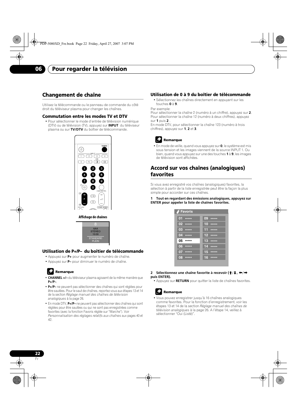 Pour regarder la télévision 06, Changement de chaîne, Accord sur vos chaînes (analogiques) favorites | Pioneer PDP-SX5080D User Manual | Page 100 / 236