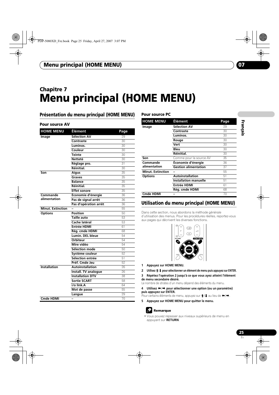 07 menu principal (home menu), Menu principal (home menu), Menu principal (home menu) 07 | Chapitre 7, Présentation du menu principal (home menu), Utilisation du menu principal (home menu) | Pioneer PDP-SX5080D User Manual | Page 103 / 236