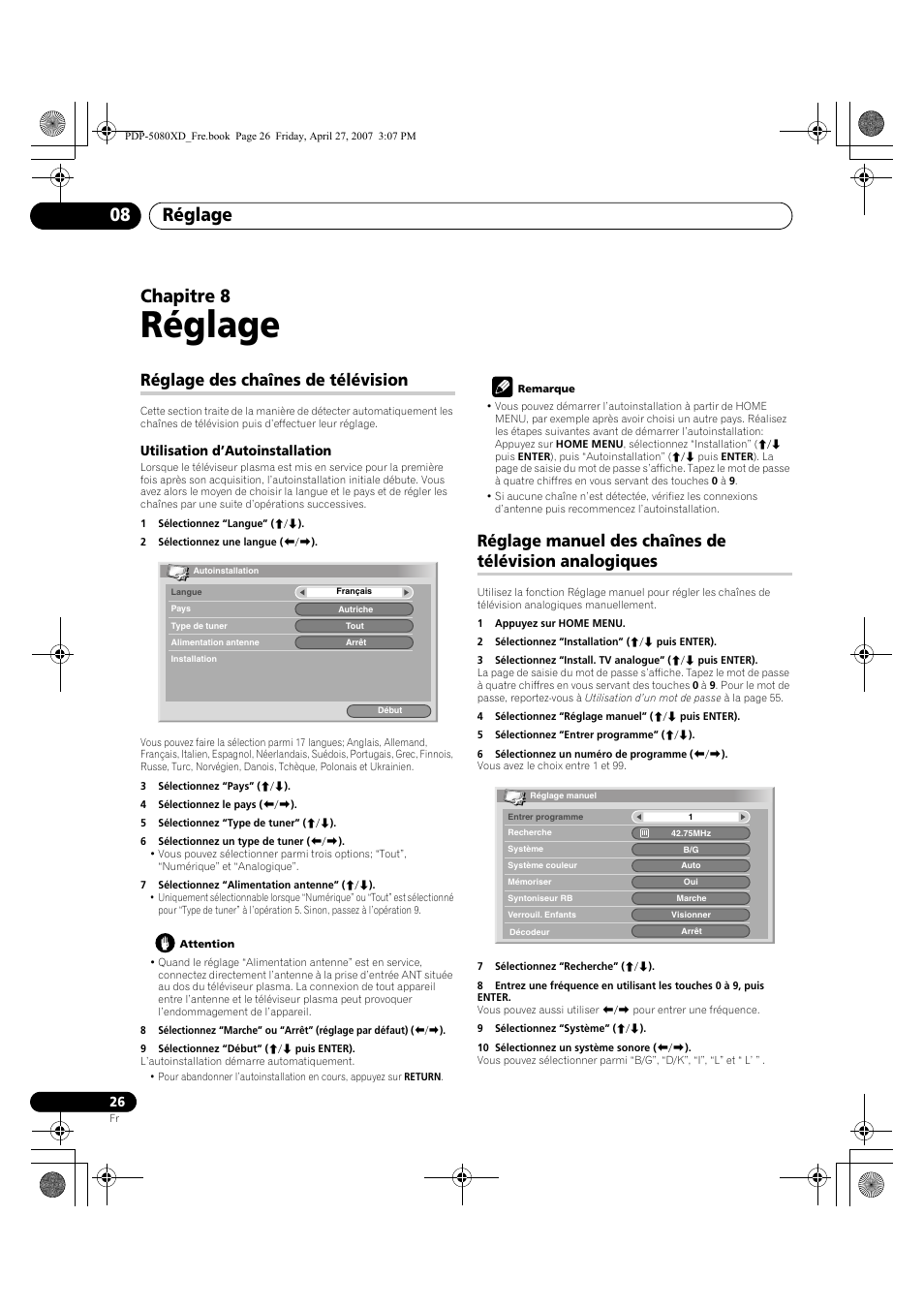 08 réglage, Analogiques, Réglage | Réglage 08, Chapitre 8, Réglage des chaînes de télévision | Pioneer PDP-SX5080D User Manual | Page 104 / 236