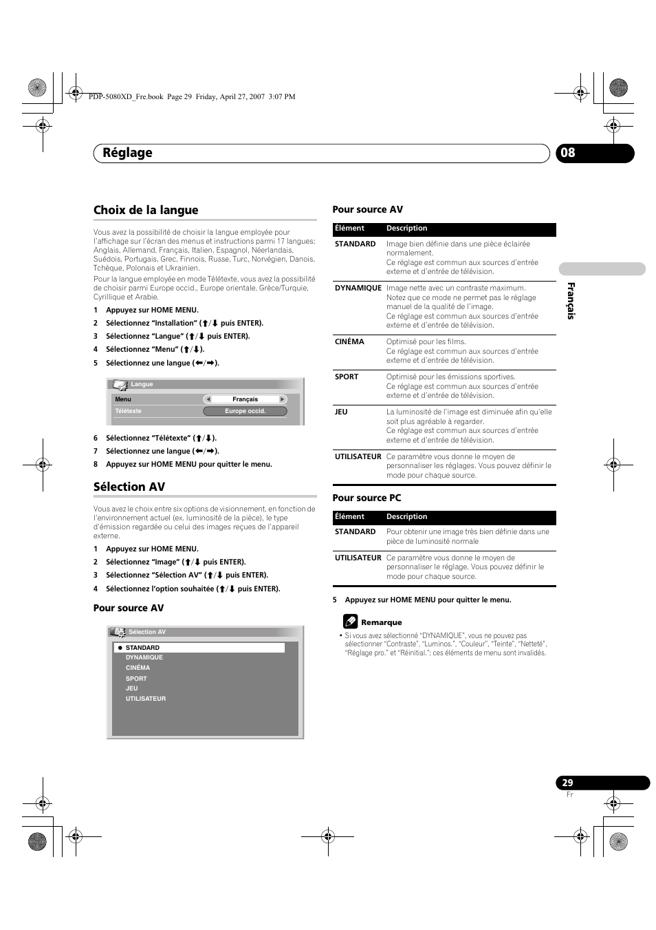 Choix de la langue sélection av, Réglage 08, Choix de la langue | Sélection av | Pioneer PDP-SX5080D User Manual | Page 107 / 236