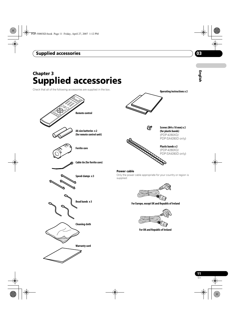 03 supplied accessories, Supplied accessories, Supplied accessories 03 | Chapter 3 | Pioneer PDP-SX5080D User Manual | Page 11 / 236