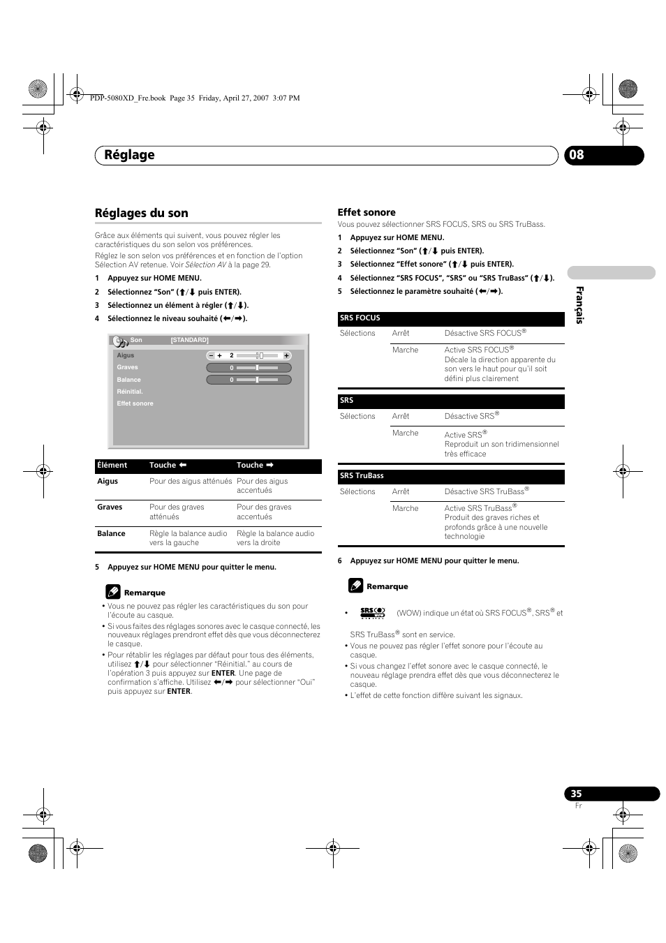 Réglages du son, Réglage 08 | Pioneer PDP-SX5080D User Manual | Page 113 / 236