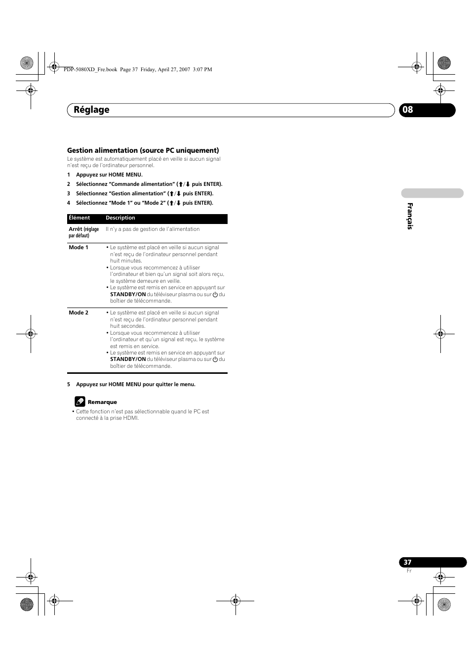 Réglage 08 | Pioneer PDP-SX5080D User Manual | Page 115 / 236