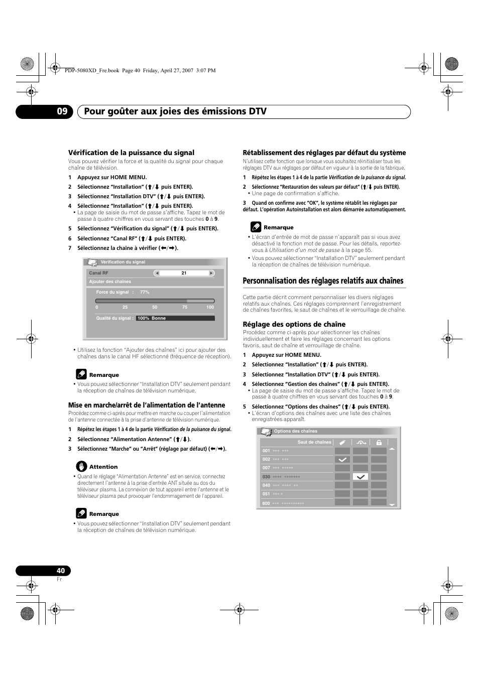 Personnalisation des réglages relatifs aux chaînes, Pour goûter aux joies des émissions dtv 09, Vérification de la puissance du signal | Rétablissement des réglages par défaut du système, Réglage des options de chaîne | Pioneer PDP-SX5080D User Manual | Page 118 / 236