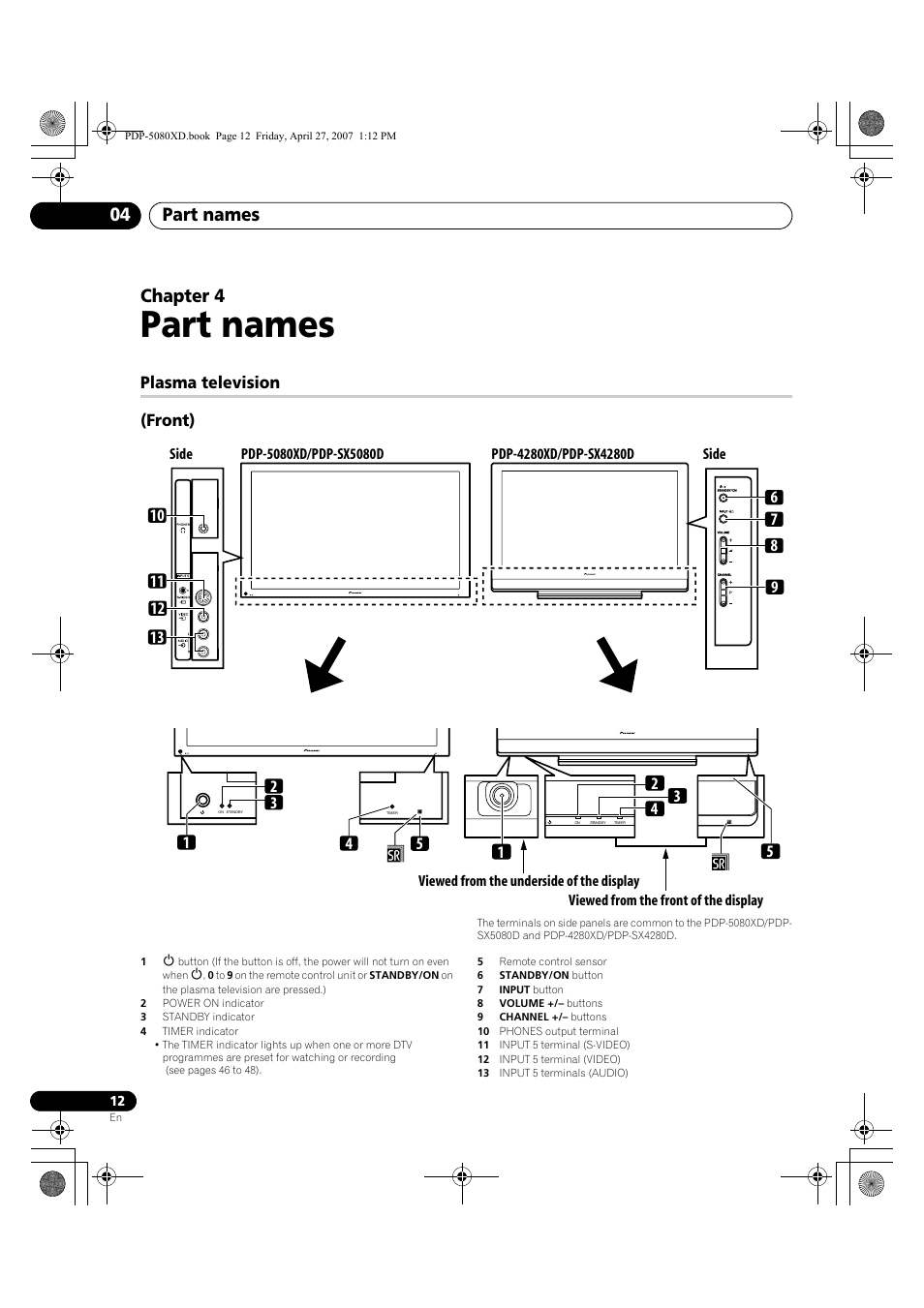 04 part names, Plasma television, Part names | Part names 04, Chapter 4, Plasma television (front) | Pioneer PDP-SX5080D User Manual | Page 12 / 236