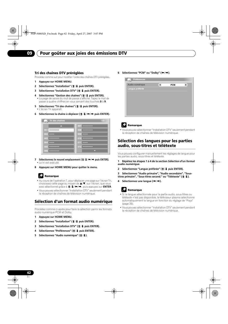 Sous-titres et télétexte, Pour goûter aux joies des émissions dtv 09, Sélection d’un format audio numérique | Tri des chaînes dtv préréglées | Pioneer PDP-SX5080D User Manual | Page 120 / 236