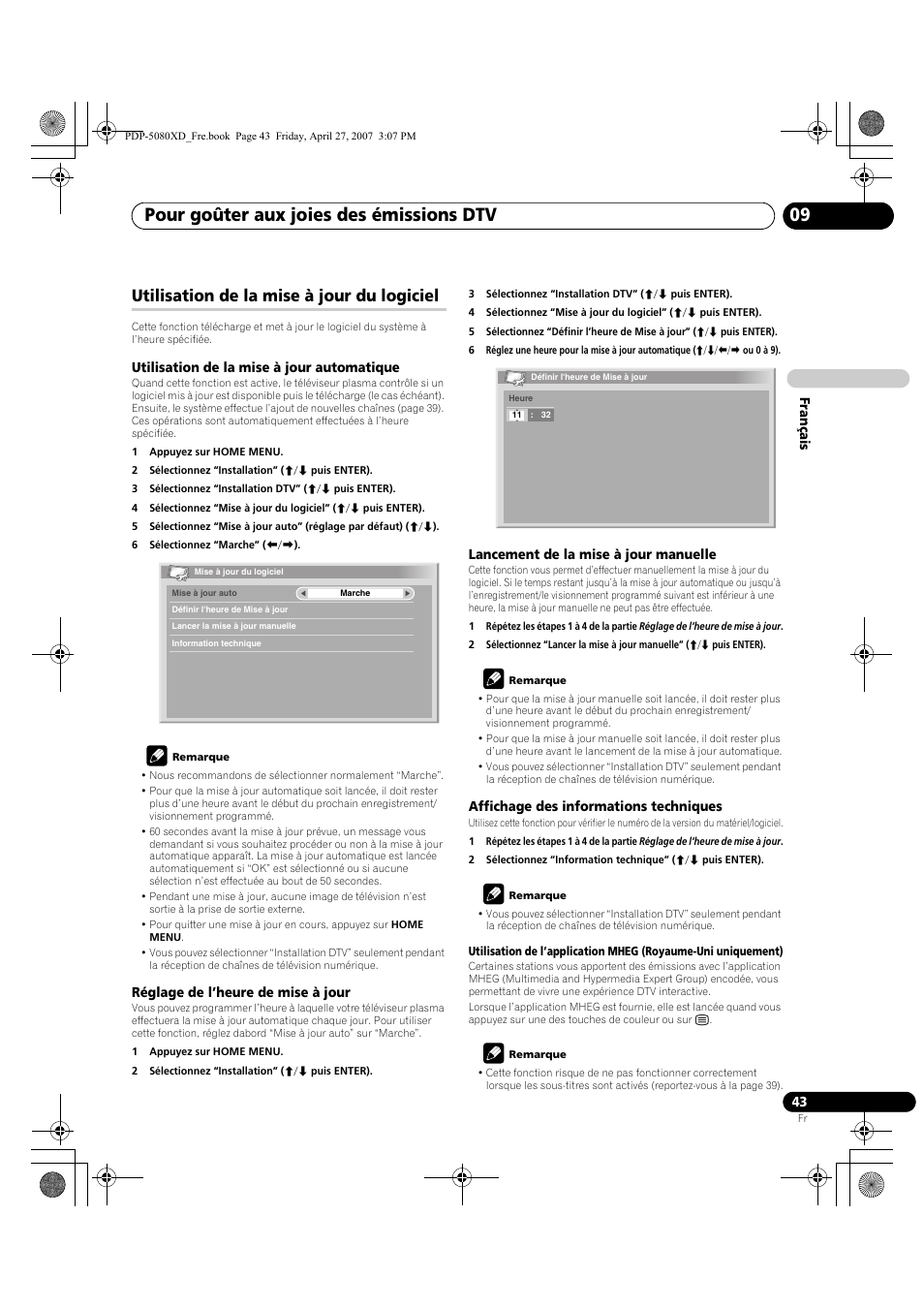 Utilisation de la mise à jour du logiciel, Pour goûter aux joies des émissions dtv 09 | Pioneer PDP-SX5080D User Manual | Page 121 / 236