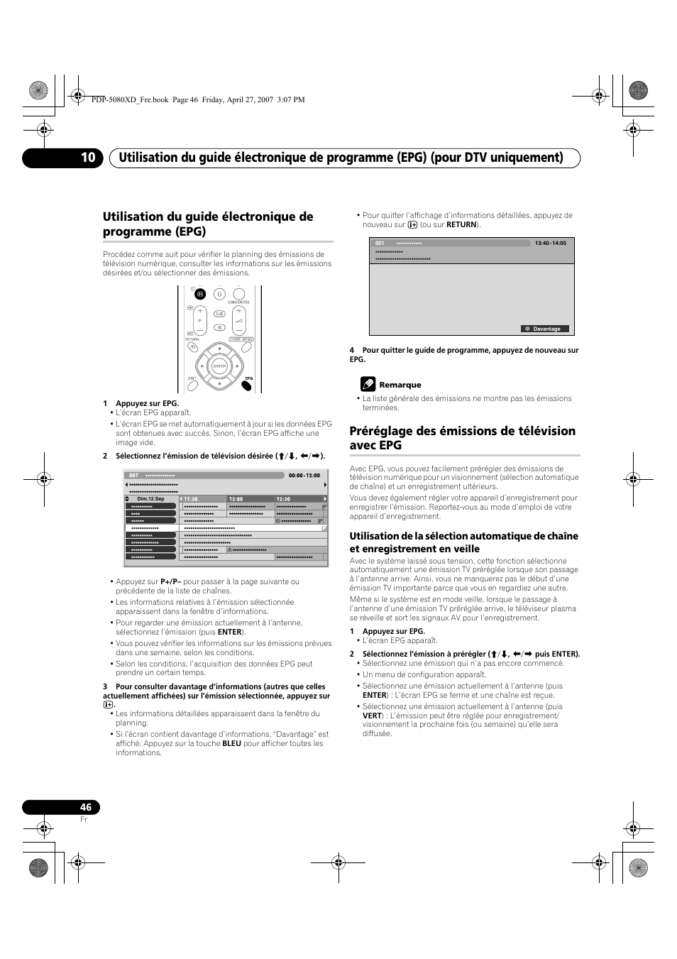 Utilisation du guide électronique de programme, Epg), Préréglage des émissions de télévision avec epg | Pioneer PDP-SX5080D User Manual | Page 124 / 236