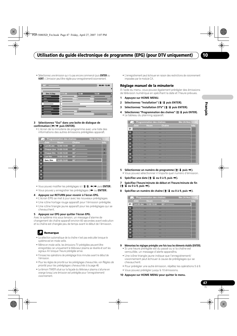 Français, Réglage manuel de la minuterie | Pioneer PDP-SX5080D User Manual | Page 125 / 236