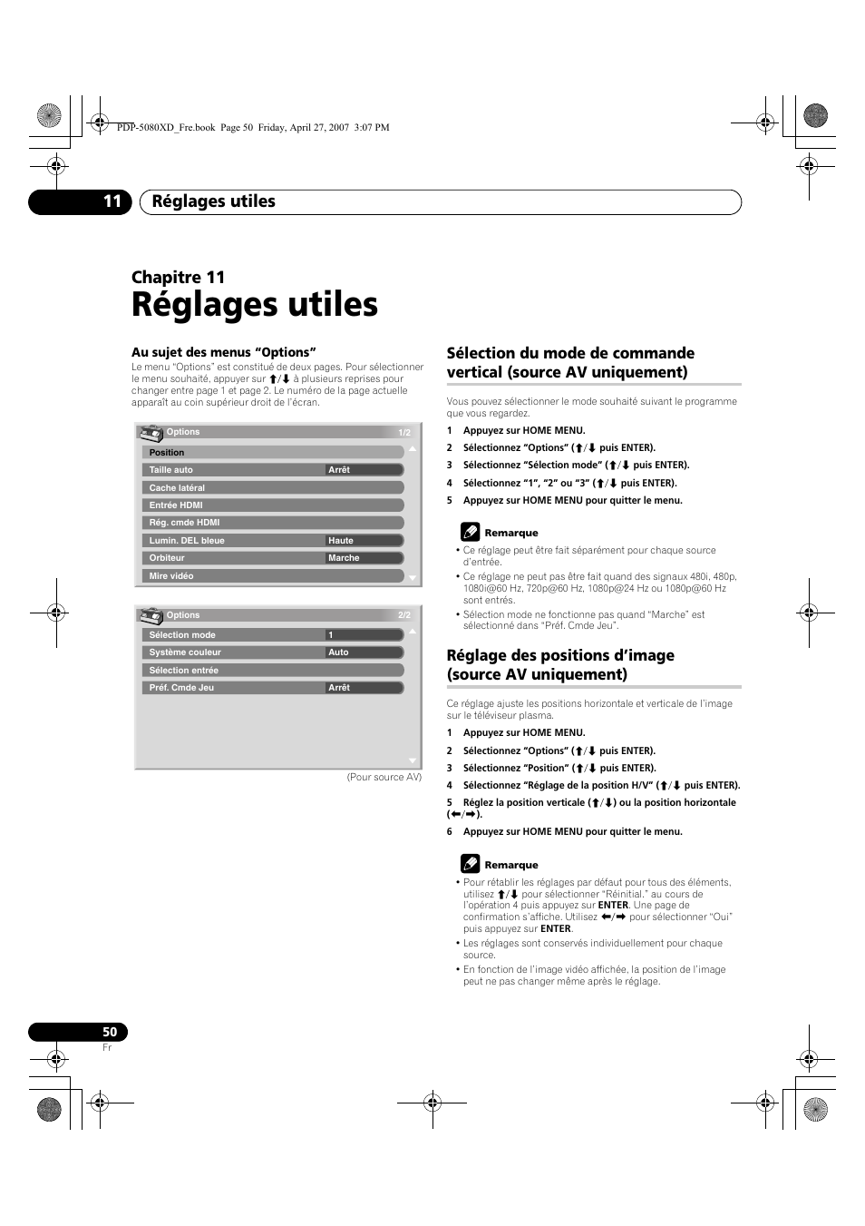 11 réglages utiles, Sélection du mode de commande vertical, Source av uniquement) | Réglage des positions d’image, Réglages utiles, Réglages utiles 11, Chapitre 11 | Pioneer PDP-SX5080D User Manual | Page 128 / 236