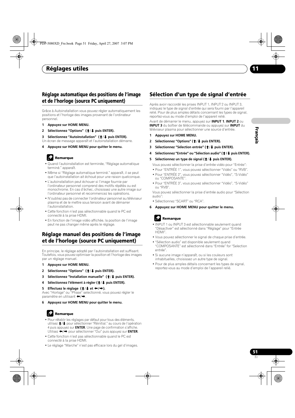 Réglage automatique des positions de l’image et, De l’horloge (source pc uniquement), Réglage manuel des positions de l’image et de | L’horloge (source pc uniquement), Sélection d’un type de signal d’entrée, Réglages utiles 11 | Pioneer PDP-SX5080D User Manual | Page 129 / 236