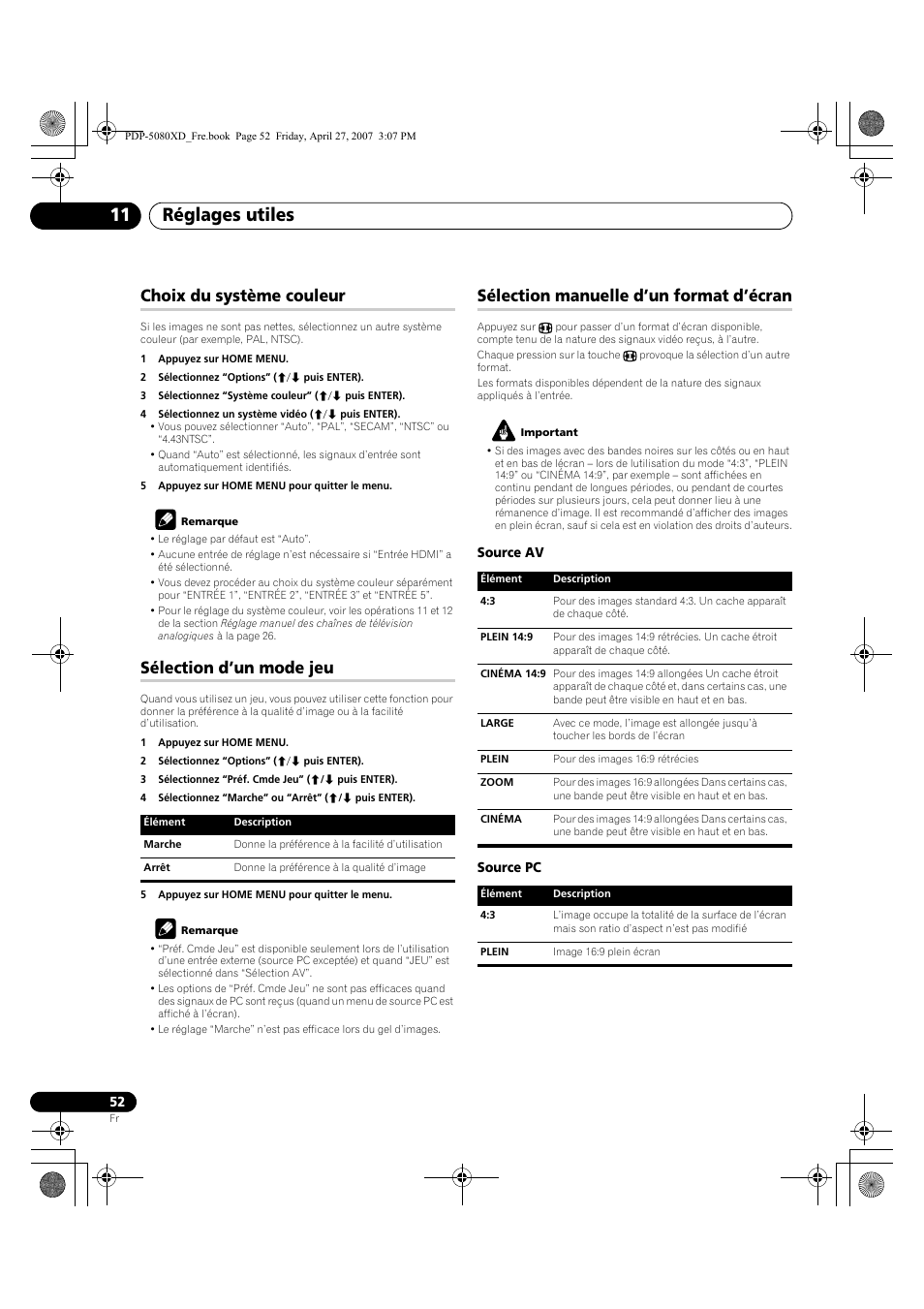 Réglages utiles 11, Choix du système couleur, Sélection d’un mode jeu | Sélection manuelle d’un format d’écran | Pioneer PDP-SX5080D User Manual | Page 130 / 236