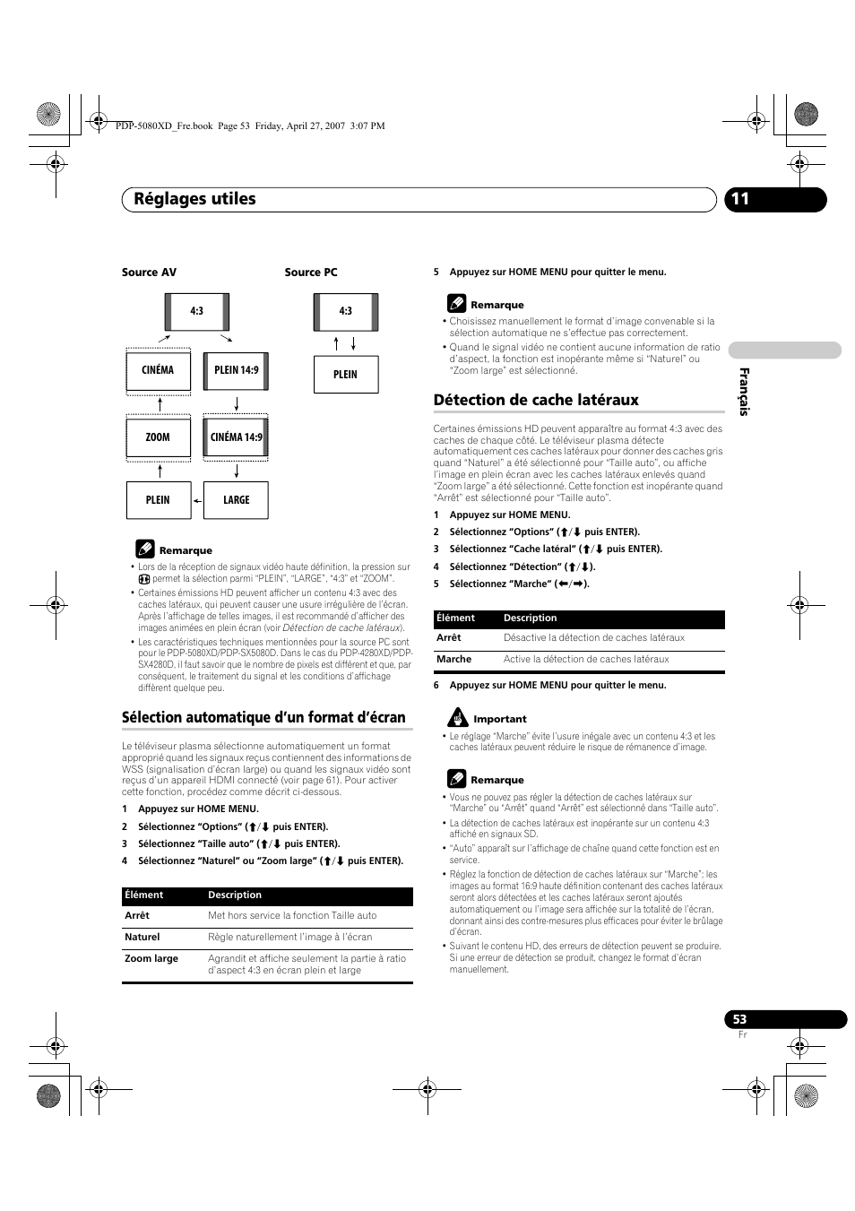 Réglages utiles 11, Sélection automatique d’un format d’écran, Détection de cache latéraux | Pioneer PDP-SX5080D User Manual | Page 131 / 236