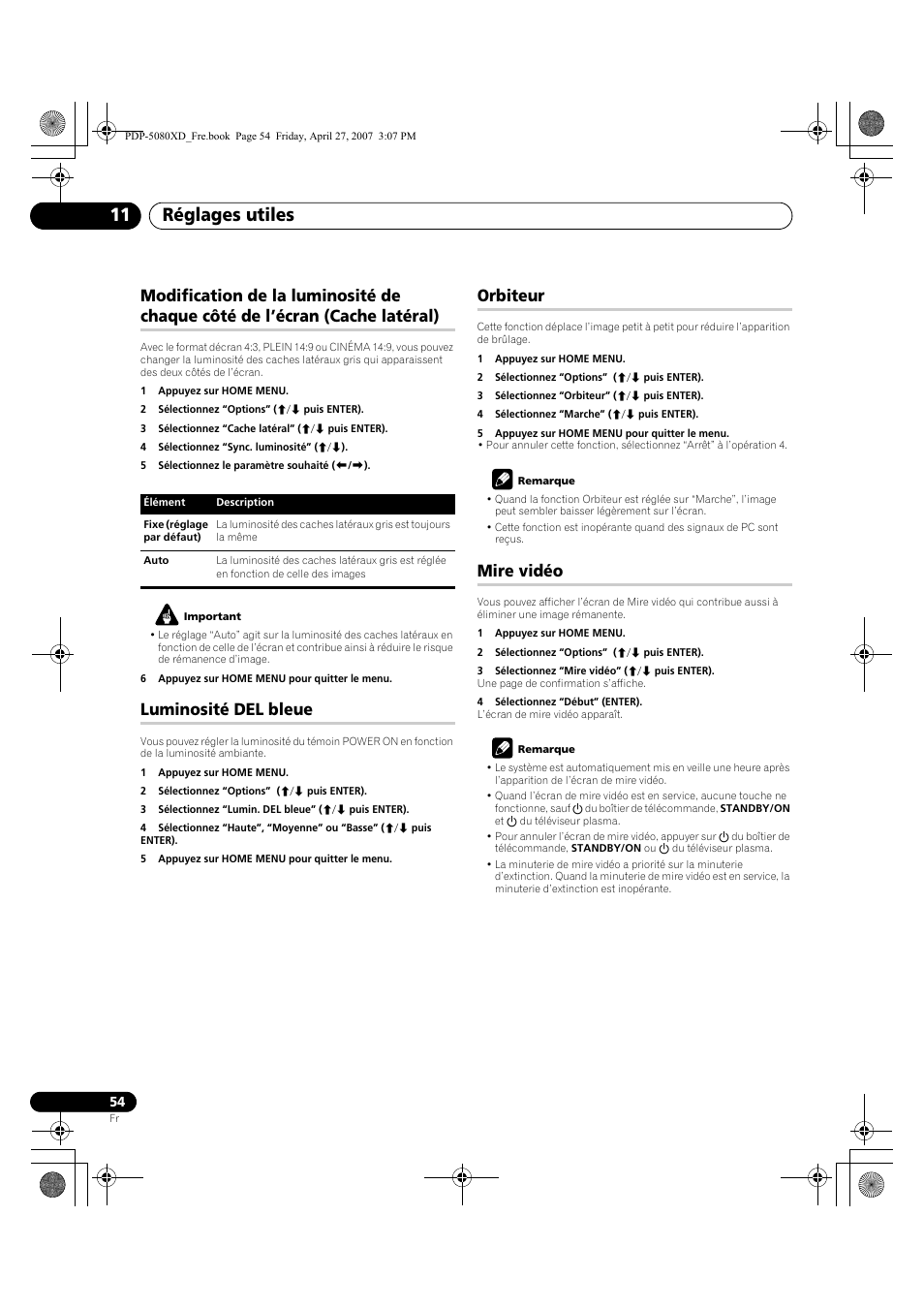 Modification de la luminosité de chaque côté de, L’écran (cache latéral), Luminosité del bleue orbiteur mire vidéo | Réglages utiles 11, Luminosité del bleue, Orbiteur, Mire vidéo | Pioneer PDP-SX5080D User Manual | Page 132 / 236