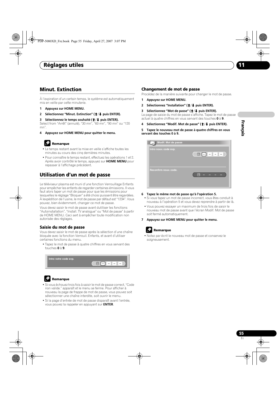 Minut. extinction utilisation d’un mot de passe, Réglages utiles 11, Minut. extinction | Utilisation d’un mot de passe | Pioneer PDP-SX5080D User Manual | Page 133 / 236