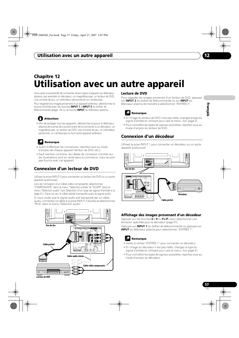 12 utilisation avec un autre appareil, Utilisation avec un autre appareil, Utilisation avec un autre appareil 12 | Chapitre 12, Connexion d’un lecteur de dvd, Connexion d’un décodeur | Pioneer PDP-SX5080D User Manual | Page 135 / 236