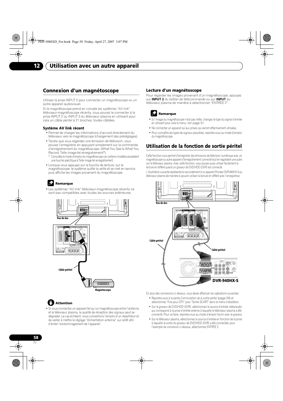 Utilisation avec un autre appareil 12, Connexion d’un magnétoscope, Utilisation de la fonction de sortie péritel | Lecture d’un magnétoscope, Dvr-940hx-s | Pioneer PDP-SX5080D User Manual | Page 136 / 236