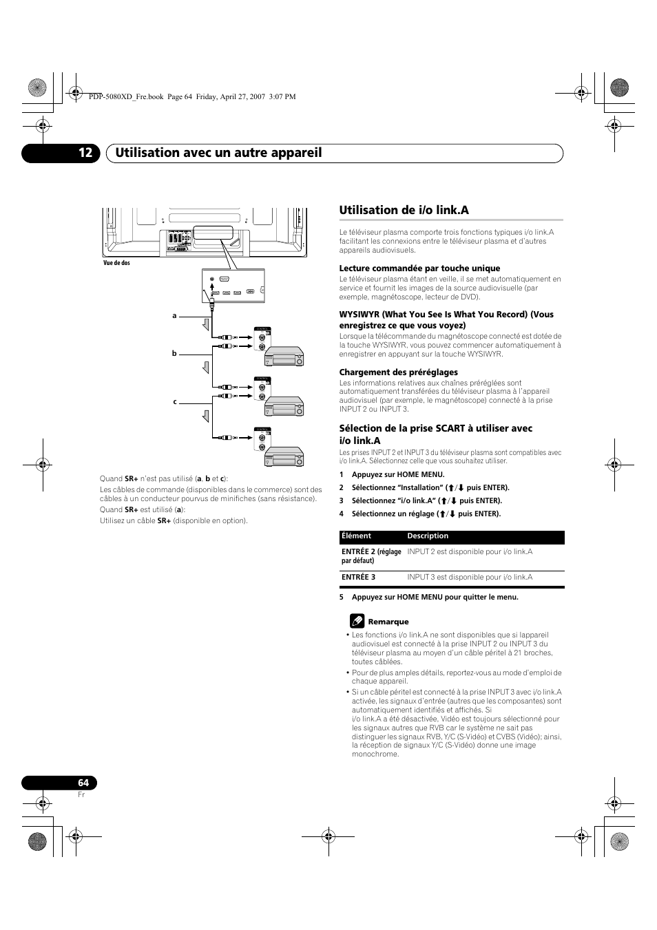 Utilisation de i/o link.a, Utilisation avec un autre appareil 12 | Pioneer PDP-SX5080D User Manual | Page 142 / 236