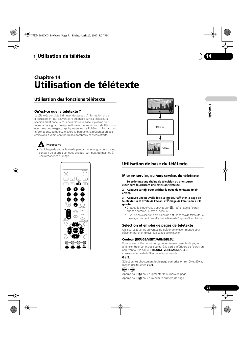 14 utilisation de télétexte, Utilisation de télétexte, Utilisation de télétexte 14 | Chapitre 14, Utilisation des fonctions télétexte, Utilisation de base du télétexte | Pioneer PDP-SX5080D User Manual | Page 149 / 236