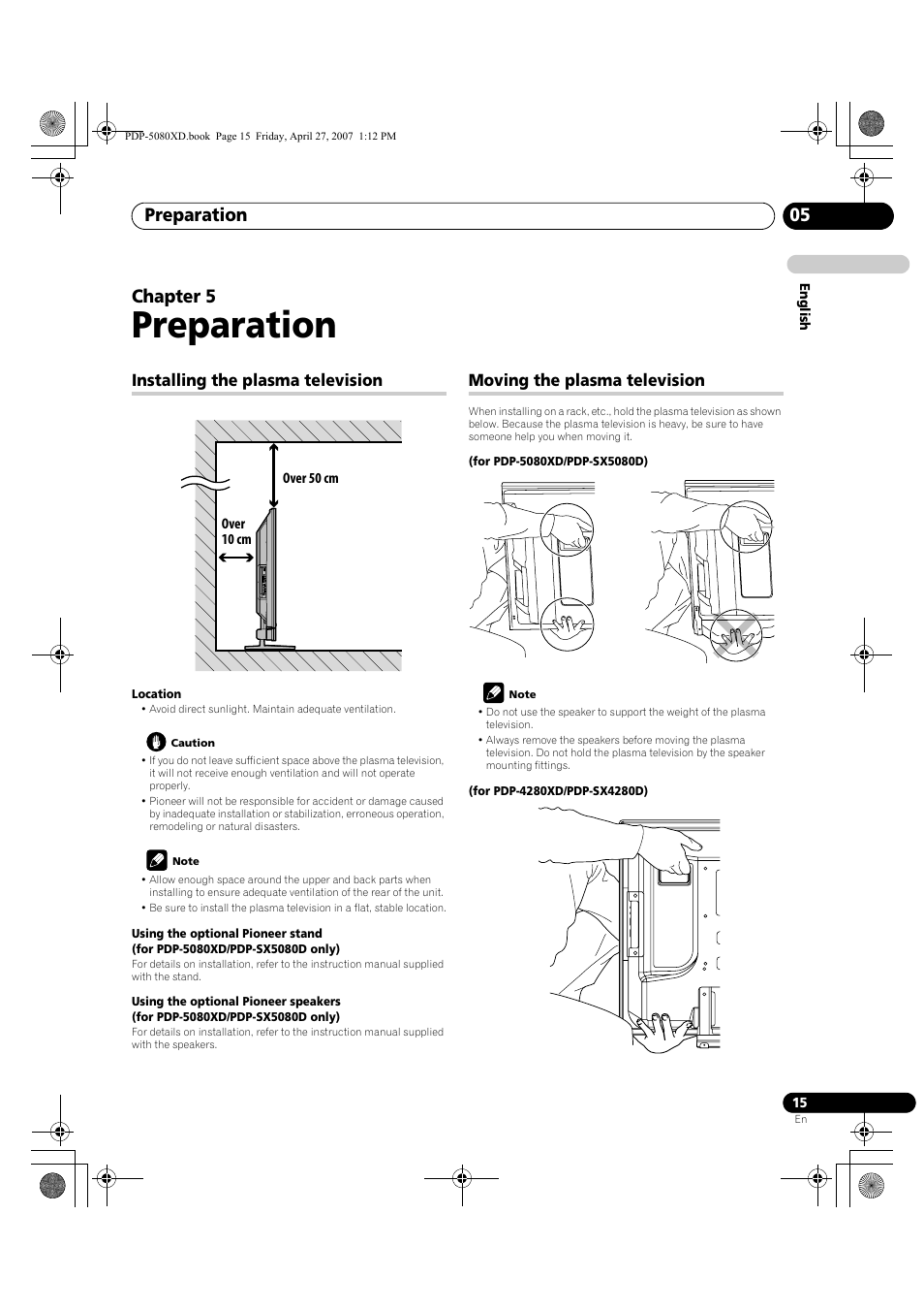 05 preparation, Preparation, Preparation 05 | Chapter 5, Installing the plasma television, Moving the plasma television | Pioneer PDP-SX5080D User Manual | Page 15 / 236