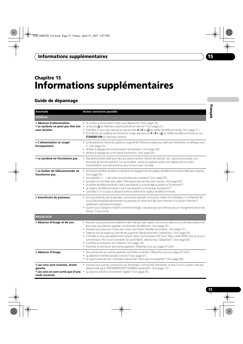 15 informations supplémentaires, Guide de dépannage, Informations supplémentaires | Informations supplémentaires 15, Chapitre 15 | Pioneer PDP-SX5080D User Manual | Page 151 / 236