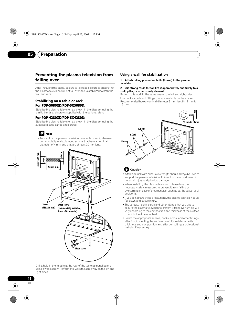 Preventing the plasma television from falling over, Preparation 05 | Pioneer PDP-SX5080D User Manual | Page 16 / 236