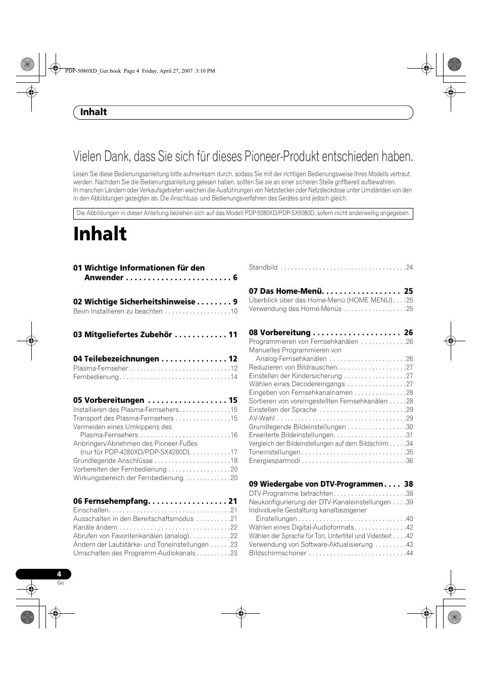 Ungsanleitung, Plasma-fernseher, Inhalt | Pioneer PDP-SX5080D User Manual | Page 160 / 236