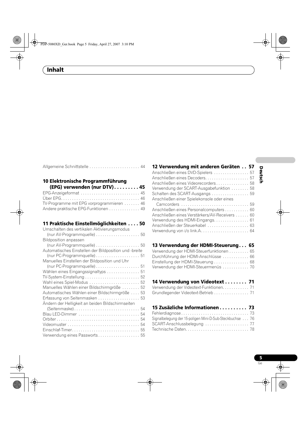 Inhalt | Pioneer PDP-SX5080D User Manual | Page 161 / 236