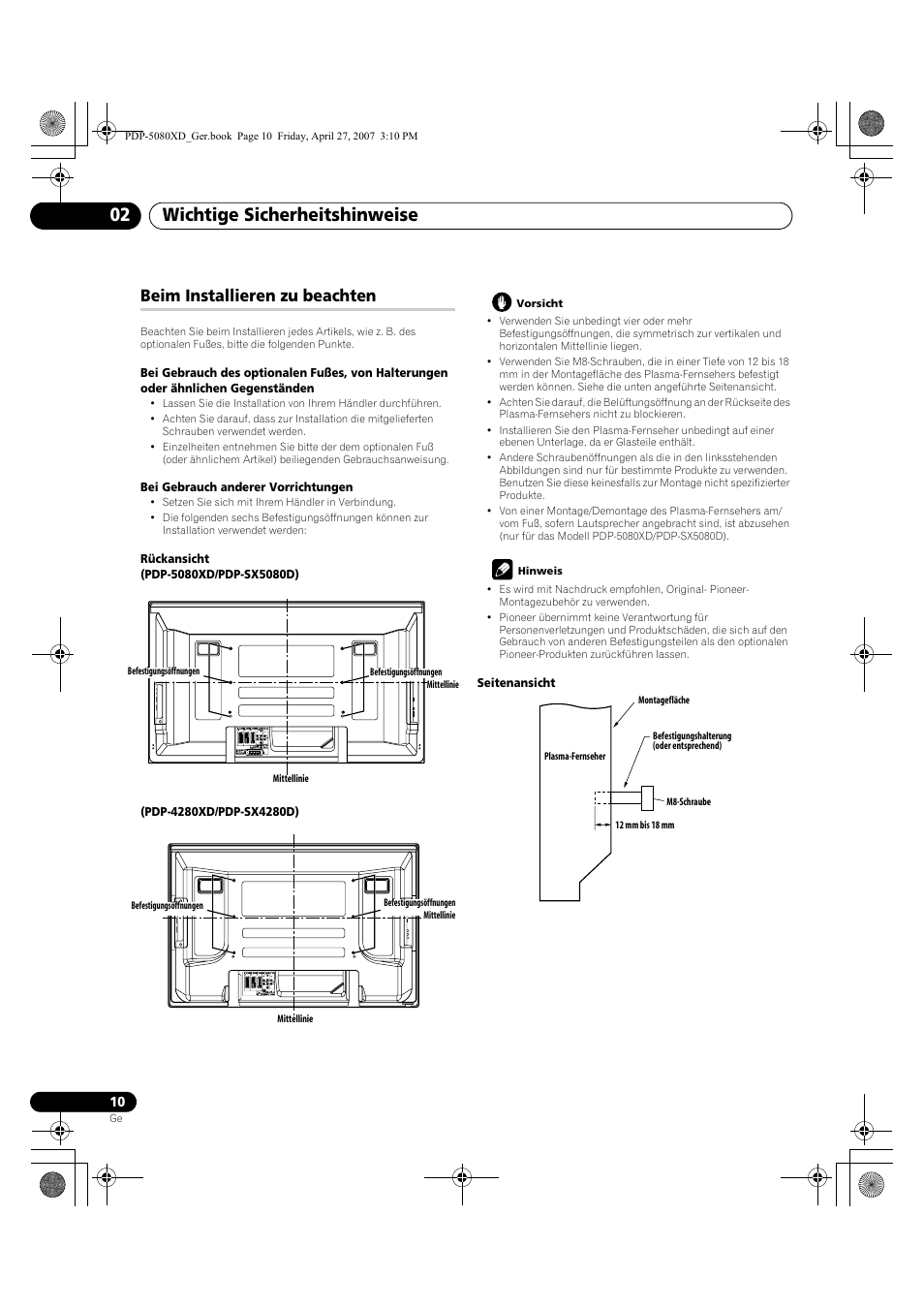 Beim installieren zu beachten, Wichtige sicherheitshinweise 02 | Pioneer PDP-SX5080D User Manual | Page 166 / 236