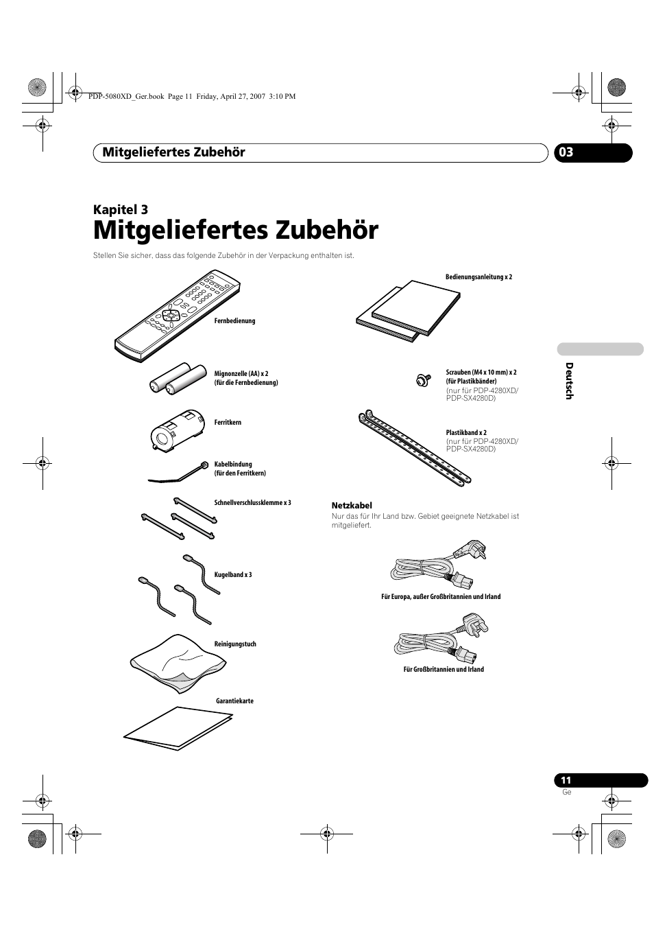 03 mitgeliefertes zubehör, Mitgeliefertes zubehör, Mitgeliefertes zubehör 03 | Kapitel 3 | Pioneer PDP-SX5080D User Manual | Page 167 / 236