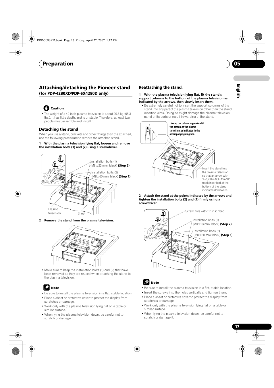 Attaching/detaching the pioneer stand, For pdp-4280xd/pdp-sx4280d only), Preparation 05 | Pioneer PDP-SX5080D User Manual | Page 17 / 236