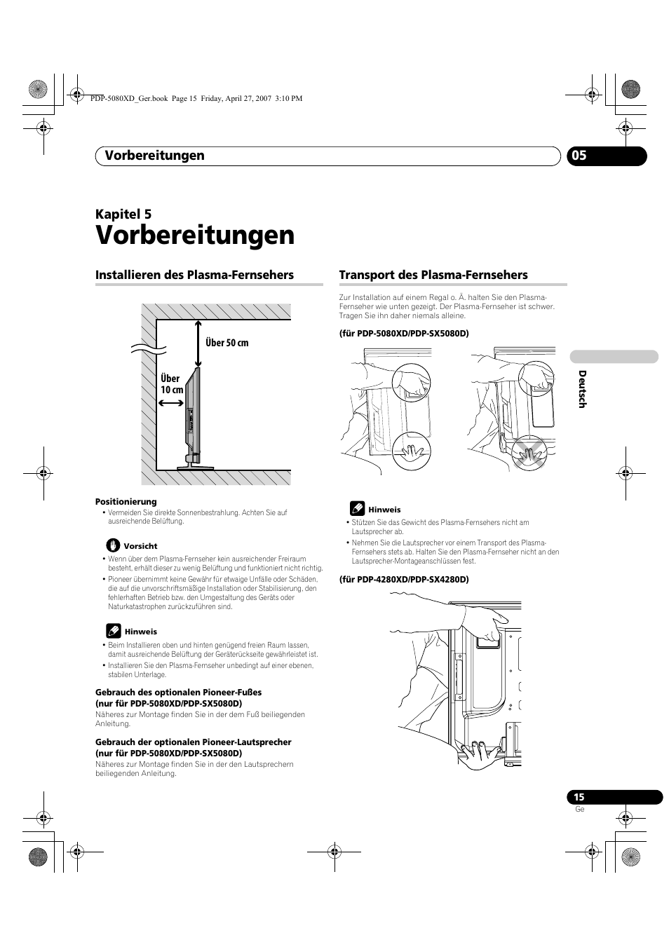 05 vorbereitungen, Vorbereitungen, Vorbereitungen 05 | Kapitel 5, Installieren des plasma-fernsehers, Transport des plasma-fernsehers | Pioneer PDP-SX5080D User Manual | Page 171 / 236