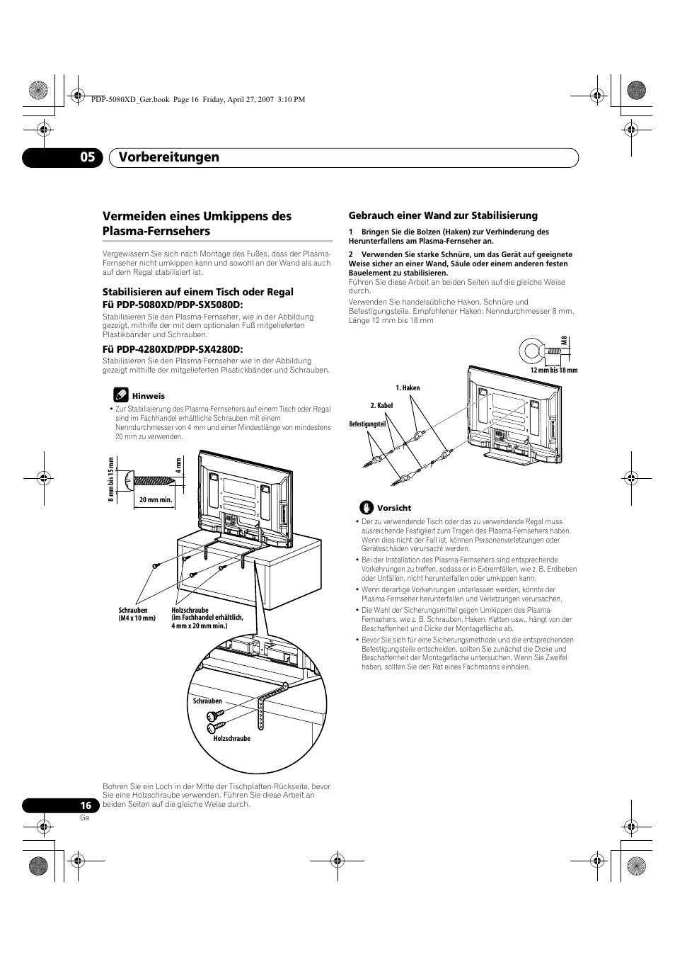 Vermeiden eines umkippens des, Plasma-fernsehers, Vorbereitungen 05 | Vermeiden eines umkippens des plasma-fernsehers | Pioneer PDP-SX5080D User Manual | Page 172 / 236