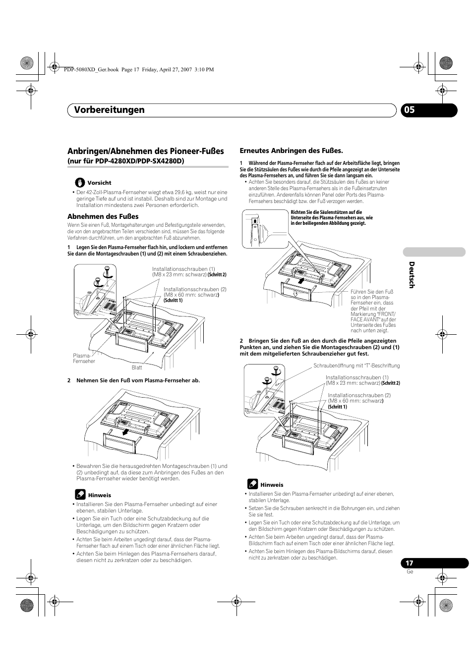 Vorbereitungen 05, Anbringen/abnehmen des pioneer-fußes | Pioneer PDP-SX5080D User Manual | Page 173 / 236