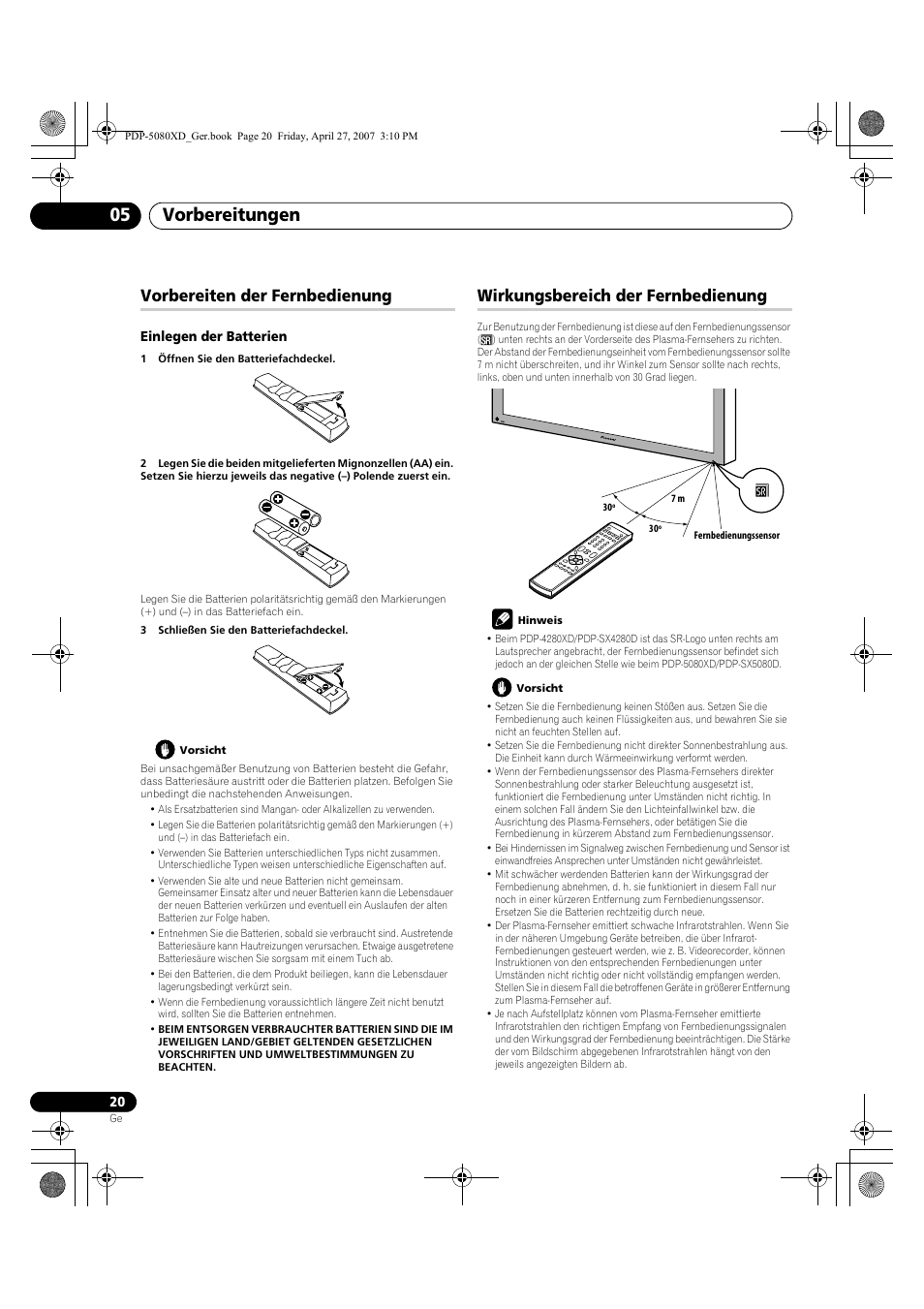 Vorbereitungen 05, Vorbereiten der fernbedienung, Wirkungsbereich der fernbedienung | Pioneer PDP-SX5080D User Manual | Page 176 / 236