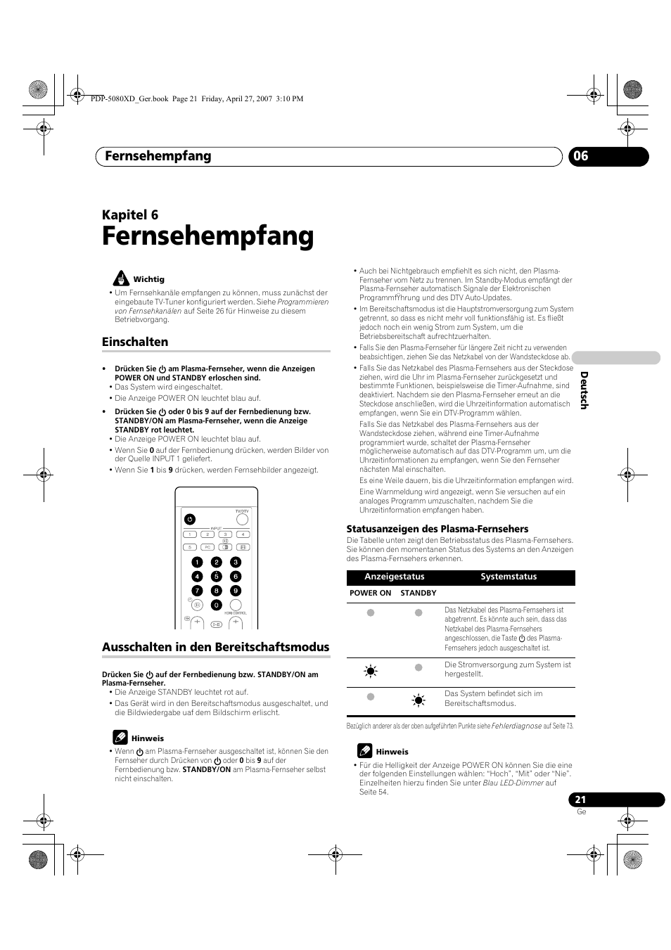 06 fernsehempfang, Einschalten ausschalten in den bereitschaftsmodus, Fernsehempfang | Fernsehempfang 06, Kapitel 6, Einschalten, Ausschalten in den bereitschaftsmodus | Pioneer PDP-SX5080D User Manual | Page 177 / 236