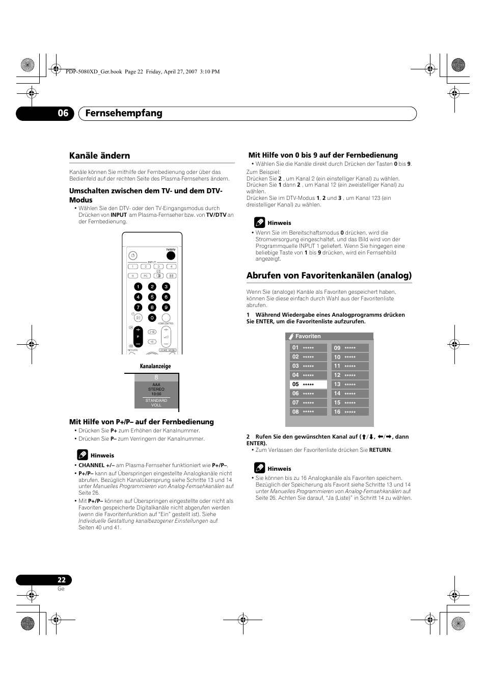 Fernsehempfang 06, Kanäle ändern, Abrufen von favoritenkanälen (analog) | Pioneer PDP-SX5080D User Manual | Page 178 / 236