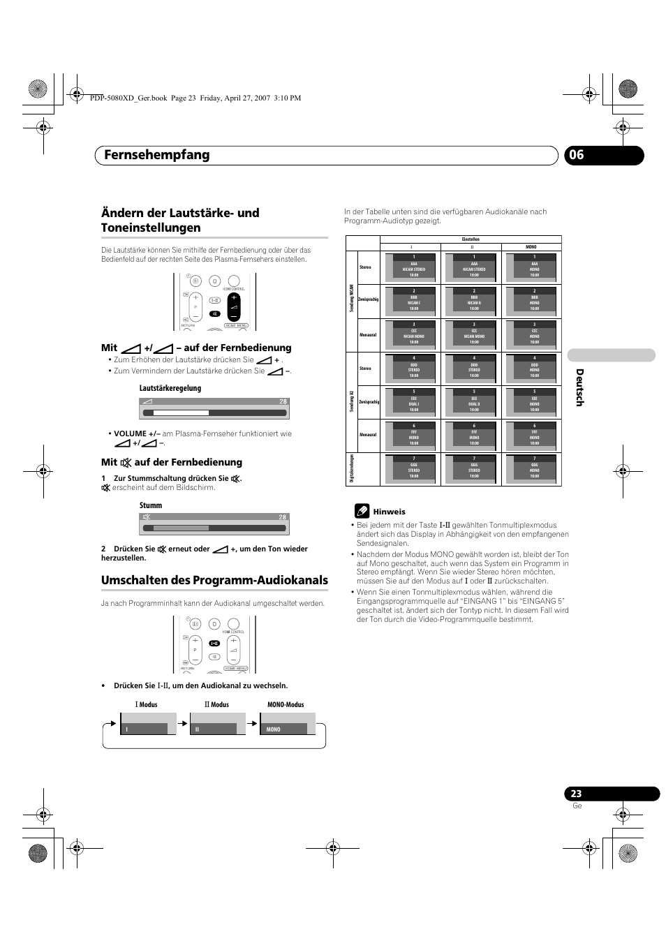 Fernsehempfang 06, Ändern der lautstärke- und toneinstellungen, Umschalten des programm-audiokanals | Deut sch, Mit i +/ i – auf der fernbedienung, Mit e auf der fernbedienung, Lautstärkeregelung stumm | Pioneer PDP-SX5080D User Manual | Page 179 / 236