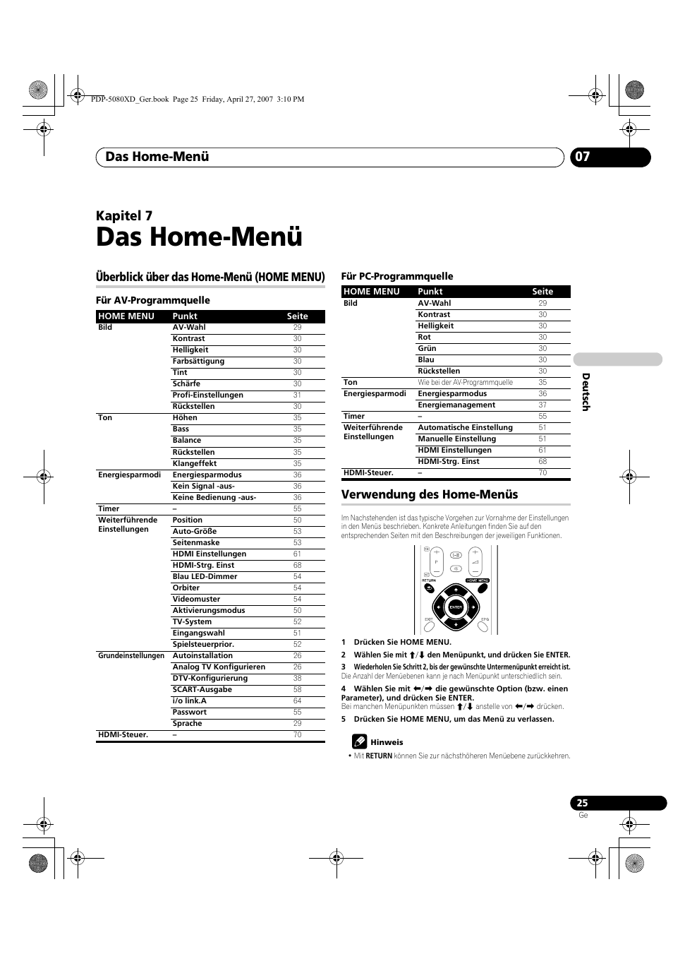 07 das home-menü, Das home-menü, Das home-menü 07 | Kapitel 7, Überblick über das home-menü (home menu), Verwendung des home-menüs | Pioneer PDP-SX5080D User Manual | Page 181 / 236