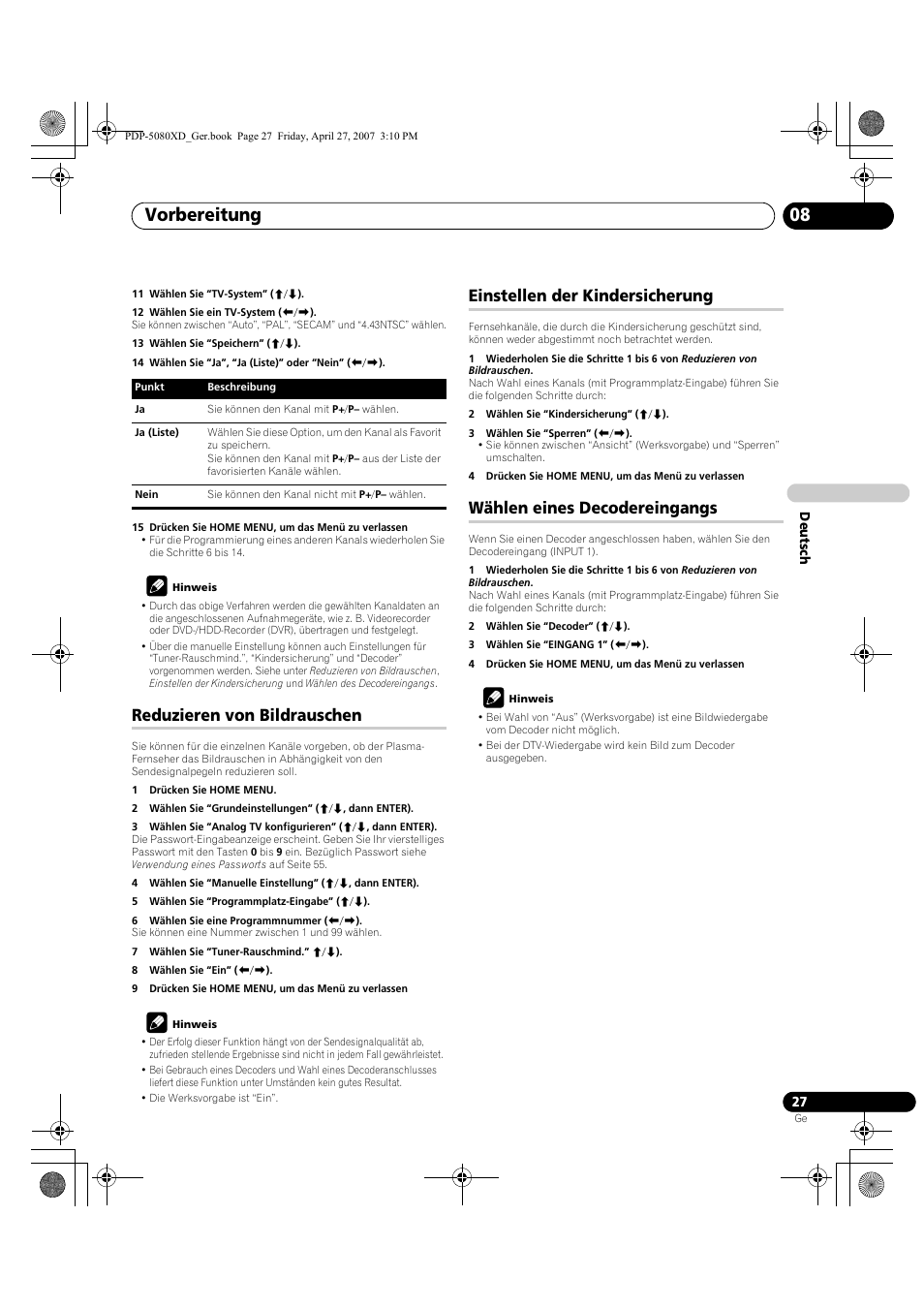 Vorbereitung 08, Reduzieren von bildrauschen, Einstellen der kindersicherung | Wählen eines decodereingangs | Pioneer PDP-SX5080D User Manual | Page 183 / 236