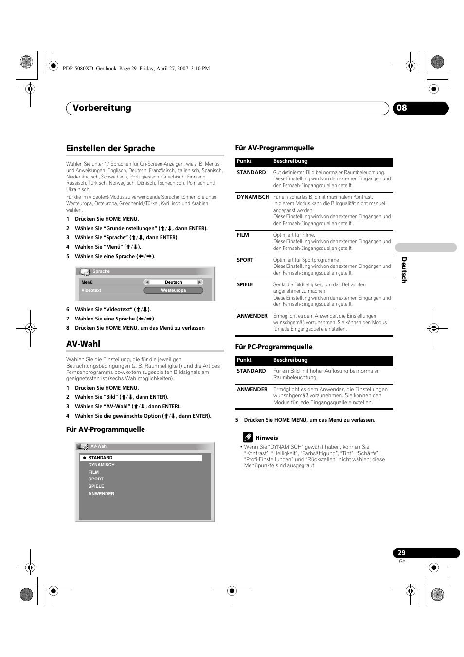 Einstellen der sprache av-wahl, Vorbereitung 08, Einstellen der sprache | Av-wahl | Pioneer PDP-SX5080D User Manual | Page 185 / 236