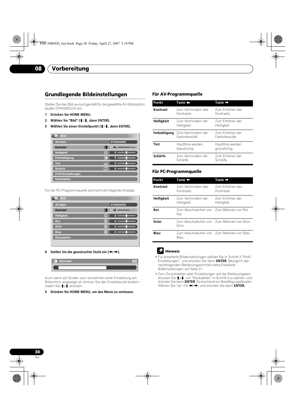 Grundlegende bildeinstellungen, Vorbereitung 08, Für av-programmquelle für pc-programmquelle | Pioneer PDP-SX5080D User Manual | Page 186 / 236