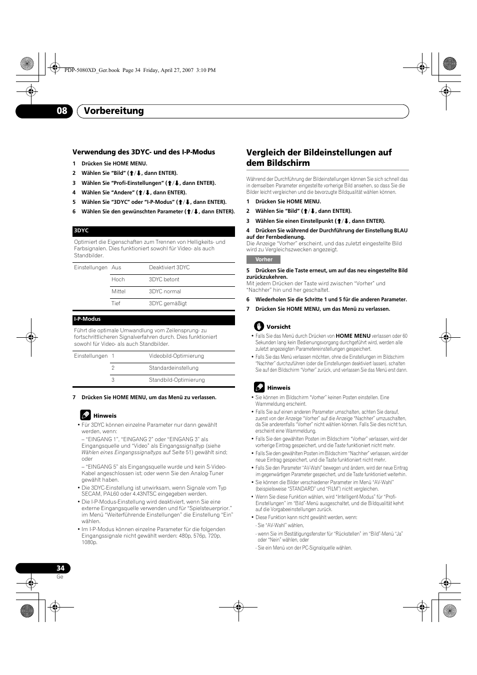 Vergleich der bildeinstellungen auf dem bildschirm, Vorbereitung 08 | Pioneer PDP-SX5080D User Manual | Page 190 / 236