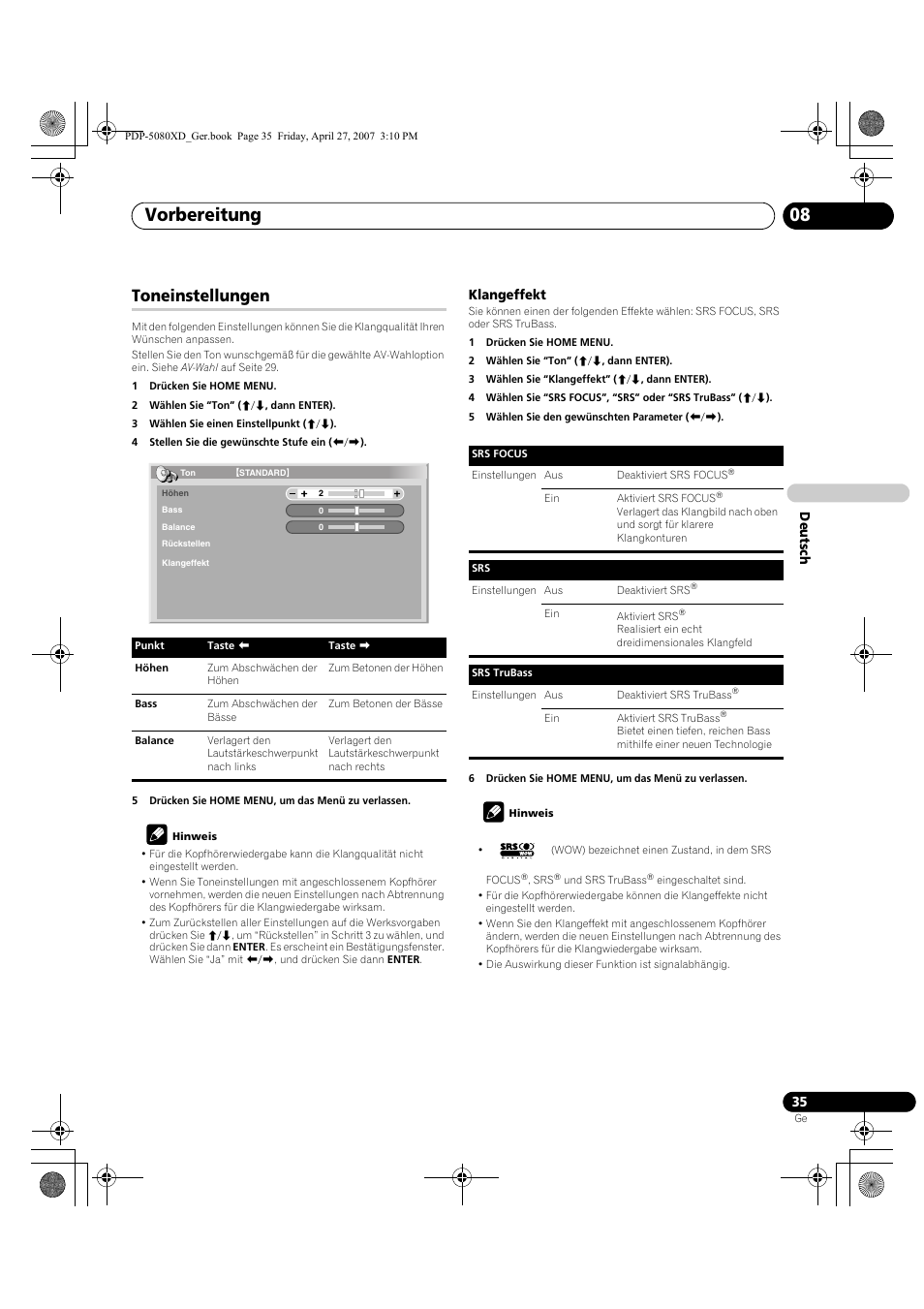 Toneinstellungen, Vorbereitung 08 | Pioneer PDP-SX5080D User Manual | Page 191 / 236