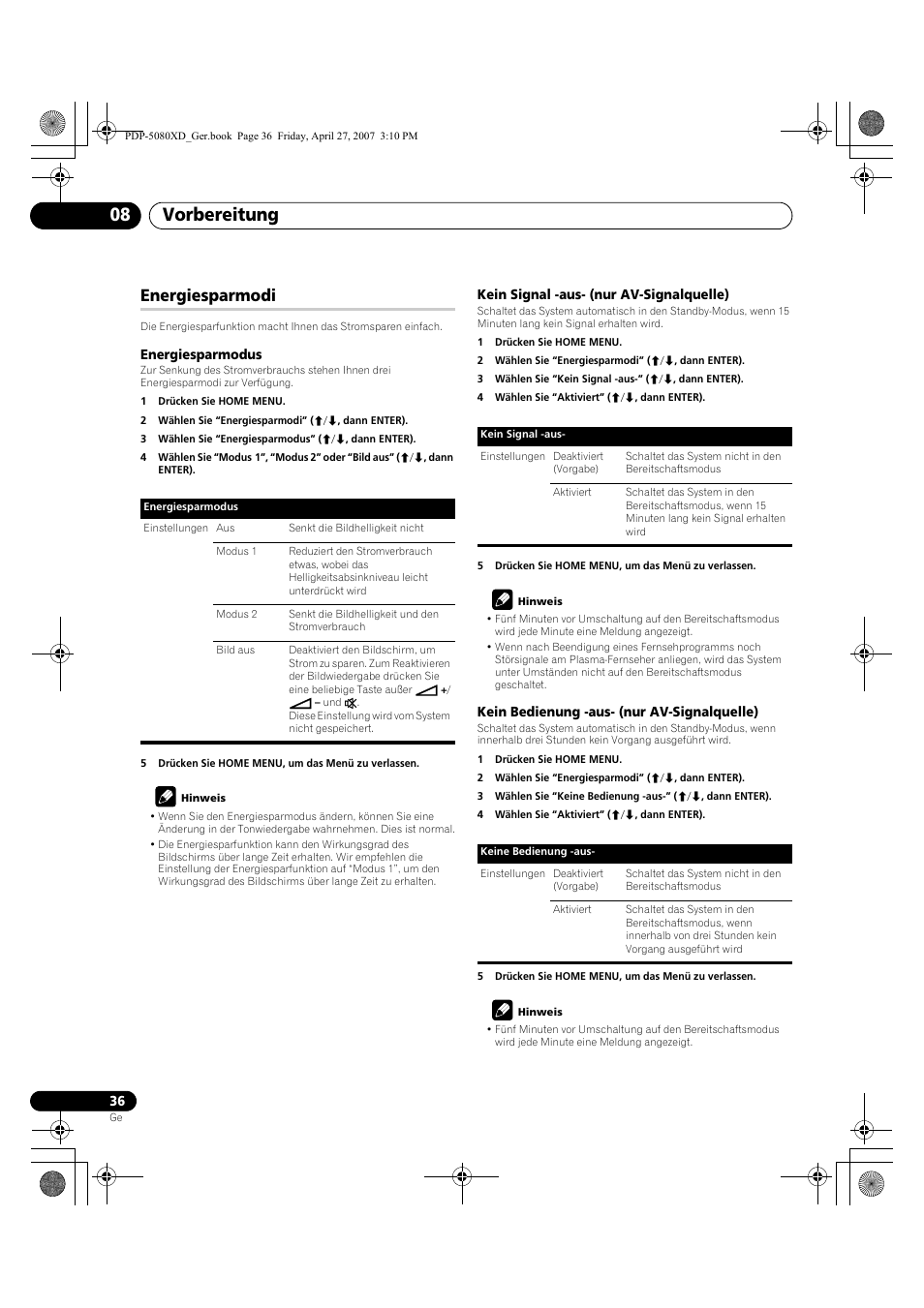 Energiesparmodi, Vorbereitung 08 | Pioneer PDP-SX5080D User Manual | Page 192 / 236