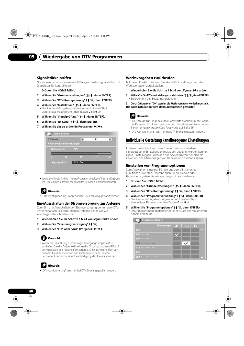 Individuelle gestaltung kanalbezogener, Einstellungen, Wiedergabe von dtv-programmen 09 | Signalstärke prüfen, Ein-/ausschalten der stromversorgung zur antenne, Werksvorgaben zurückrufen, Einstellen von programmoptionen | Pioneer PDP-SX5080D User Manual | Page 196 / 236