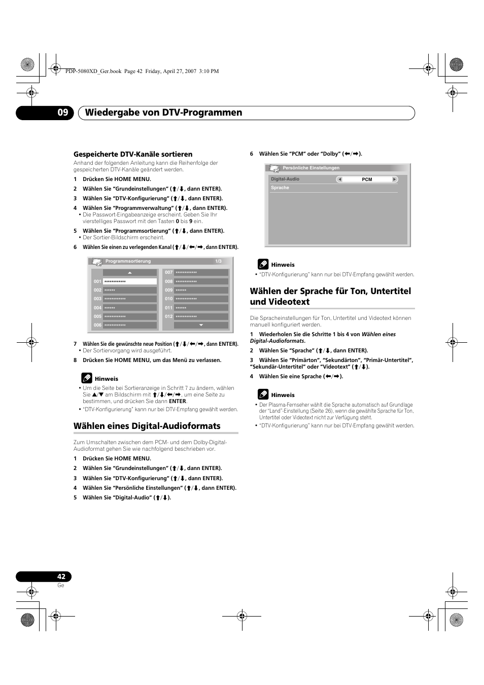 Wiedergabe von dtv-programmen 09, Wählen eines digital-audioformats, Gespeicherte dtv-kanäle sortieren | Pioneer PDP-SX5080D User Manual | Page 198 / 236