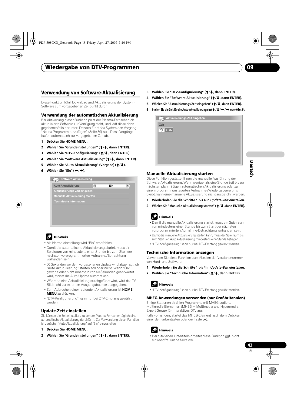 Verwendung von software-aktualisierung, Wiedergabe von dtv-programmen 09 | Pioneer PDP-SX5080D User Manual | Page 199 / 236